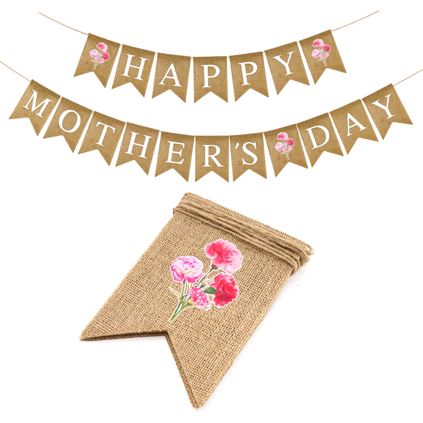 G2PLUS Happy Mother's Day Banner, Pre-strung Mothers Day Decorations Burlap Banner Garland with Carnation, Rustic Mothers Day Party Bunting Decor for Home Wall Photo Backdrop Indoor Outdoor