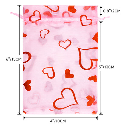 G2PLUS 50PCS Valentines Gift Bags Organza 4x6in, Pink Foil Heart Sheer Mesh Organza Pouches with Drawstring for Valentines Day Party Favors, Candy Gift Bags & Wedding Favors