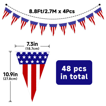 G2PLUS 4 Pack American Flag Pennant Banner, 35FT Pre-Strung Patriotic Triangle Flags, Double-Sided Red White Blue Bunting for 4th of July, Independence Day, Outdoor Party Decorations