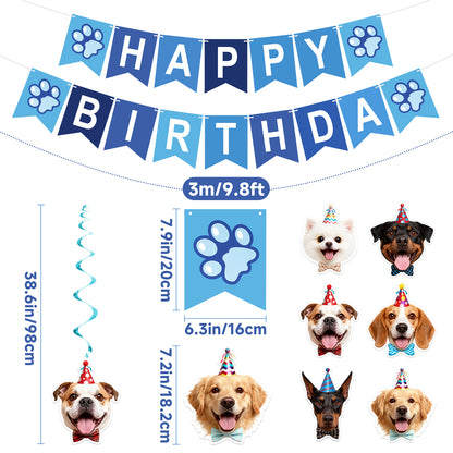 G2PLUS Pre-Strung Dog Birthday Decorations with 6PCS Hanging Swirl, Blue Dog Birthday Banner, Puppy Party Banner for Wall Backdrop Decoration