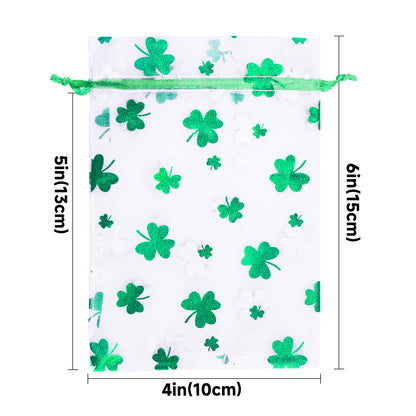 G2PLUS 50PCS St.Patrick's Day Gift Bags Organza 4x6in, Green Foil Shamrock Sheer Mesh Organza Pouches with Drawstring for St.Patrick's Day Party Favors, Candy Gift Bags & Wedding Favors