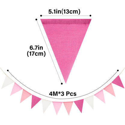 G2PLUS Pre-Strung Burlap Pennant Banners, 39Ft Pink Fabric Triangle Flag Bunting, 36Pcs Pennant Banner Flags Garland for Birthday, Holidays and Theme Party Decorations