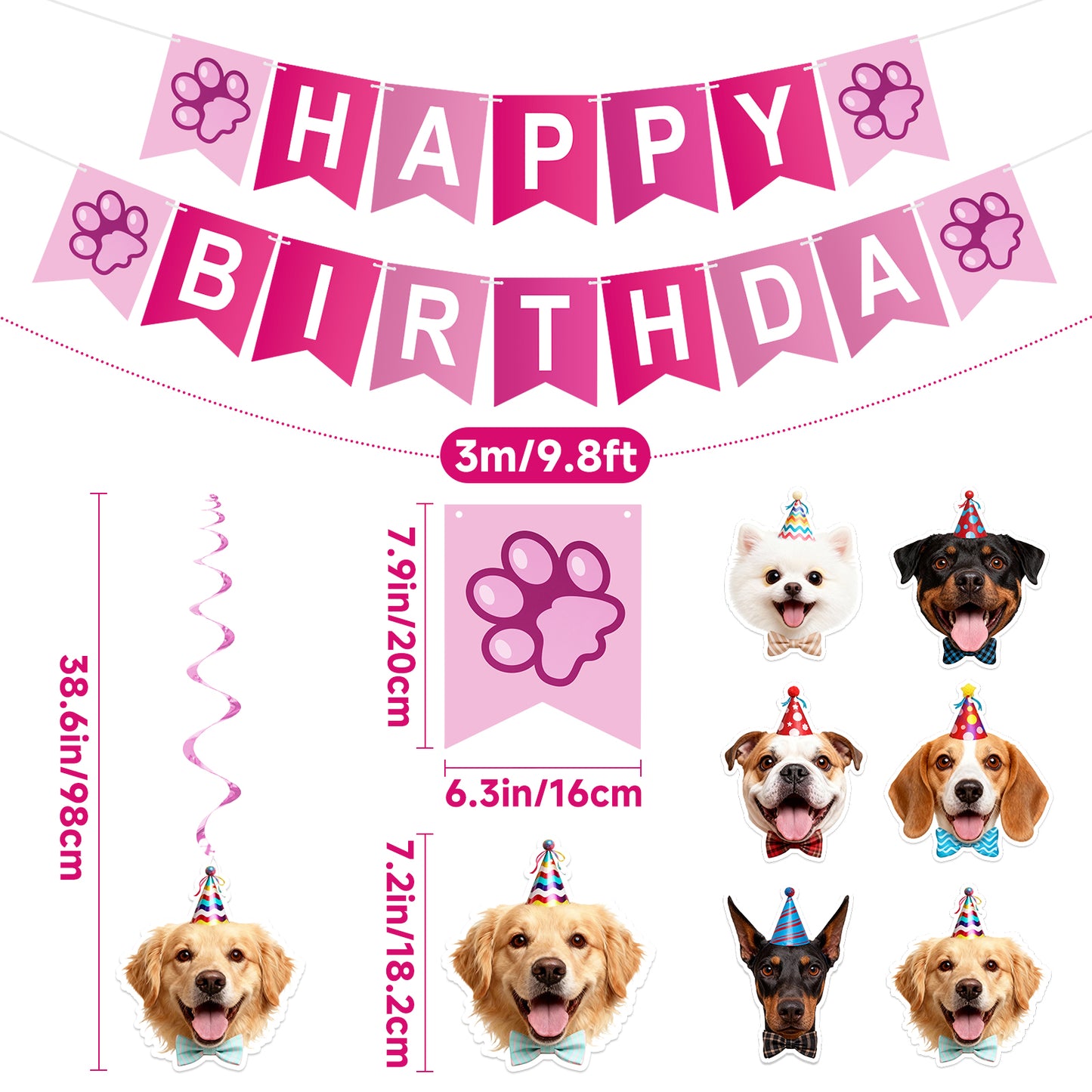 G2PLUS Pre-Strung Dog Birthday Decorations with 6PCS Hanging Swirl, Pink Dog Birthday Banner, Puppy Party Banner for Wall Backdrop Decoration