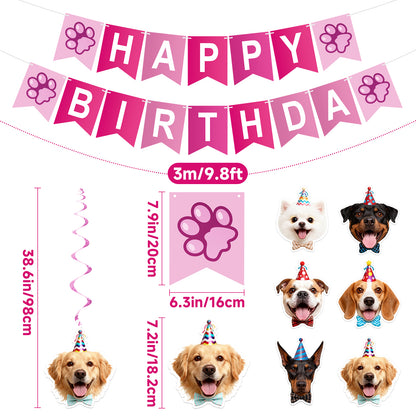 G2PLUS Pre-Strung Dog Birthday Decorations with 6PCS Hanging Swirl, Pink Dog Birthday Banner, Puppy Party Banner for Wall Backdrop Decoration