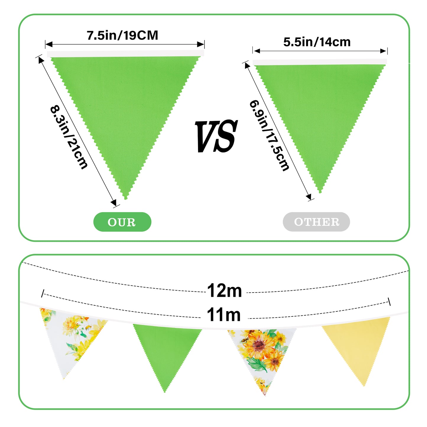 G2PLUS 39Ft Triangle Bunting Banner, Yellow & Green Sunflower Garland Pennant Banner, Reusable Cotton Triangle Flags Party Decoration for Garden Party, Fall Decor & Outdoor Celebrations