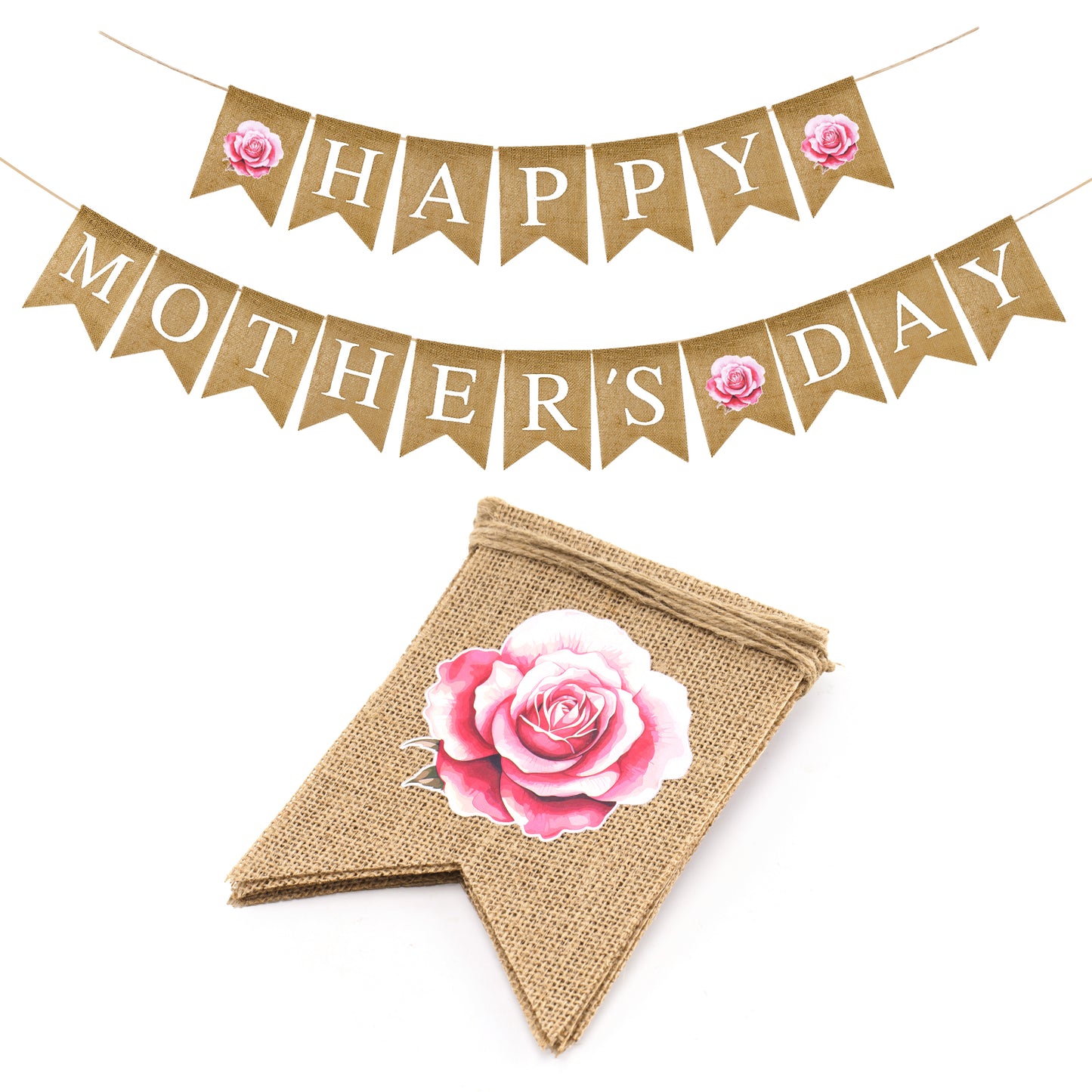 G2PLUS Happy Mother's Day Banner, Pre-strung Mothers Day Decorations Burlap Banner Garland with Pink Rose, Rustic Mothers Day Party Bunting Decor for Home Wall Photo Backdrop Indoor Outdoor