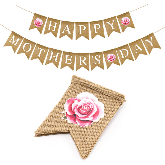 G2PLUS Happy Mother's Day Banner, Pre-strung Mothers Day Decorations Burlap Banner Garland with Pink Rose, Rustic Mothers Day Party Bunting Decor for Home Wall Photo Backdrop Indoor Outdoor