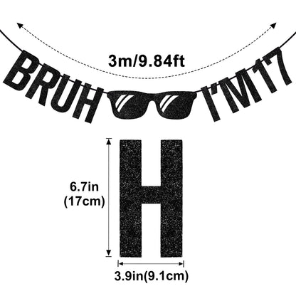 G2PLUS Pre-Strung 17th Birthday Banner, Glitter 17th Birthday Decorations Black Happy 17th Birthday Banner, 3m Bruh I'm 17 Banner, 17th Birthday Party Decorations for Boys