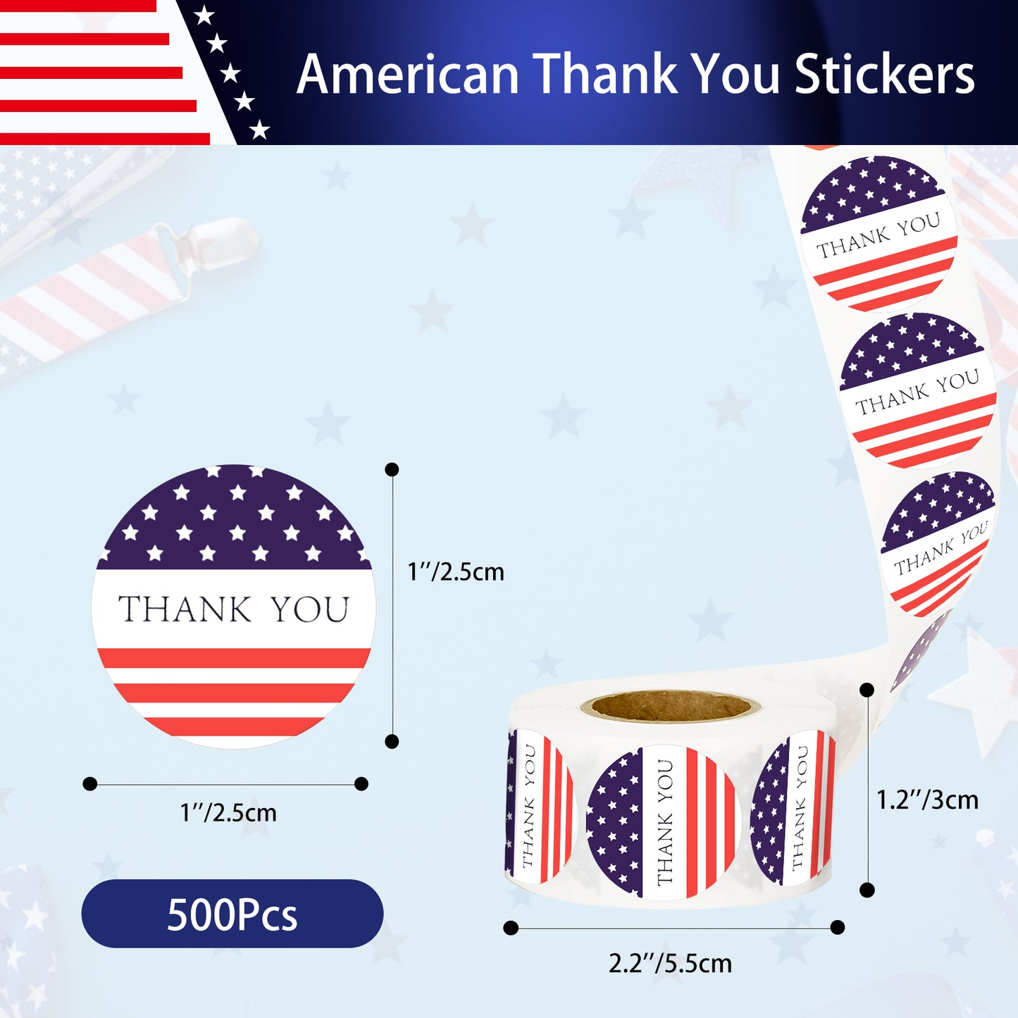 G2PLUS American Thank You Stickers, 500PCS American Flag Stickers, 1 inch Patriotic Gift Stickers, USA Thank You Stickers, Star American Flag Stickers, Thank You Label Stickers Roll for Envelope Seals