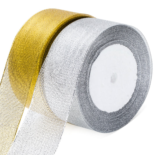 G2PLUS Gold and Silver Organza Gift Wrap Ribbon, 40mm Sparkly Decorative Christmas Ribbon, Ribbon for Gift Wrapping 44M Glitter Metallic Ribbon for Christmas Easter Wrapping Gift Craft, 2 Roll x 22M