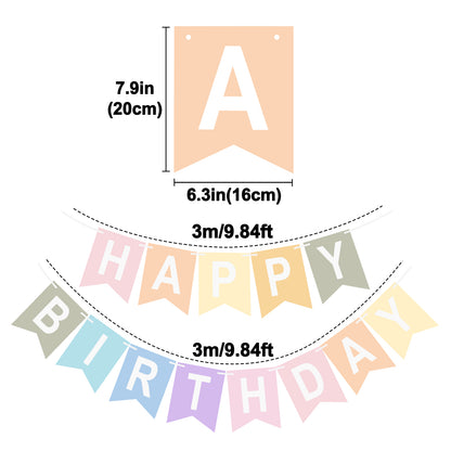 G2PLUS Pre-strung Happy Birthday Banner Pastel and White: 16 x 20 cm Large No-DIY Birthday Banner for Boys and Girls Birthday Party Decorations