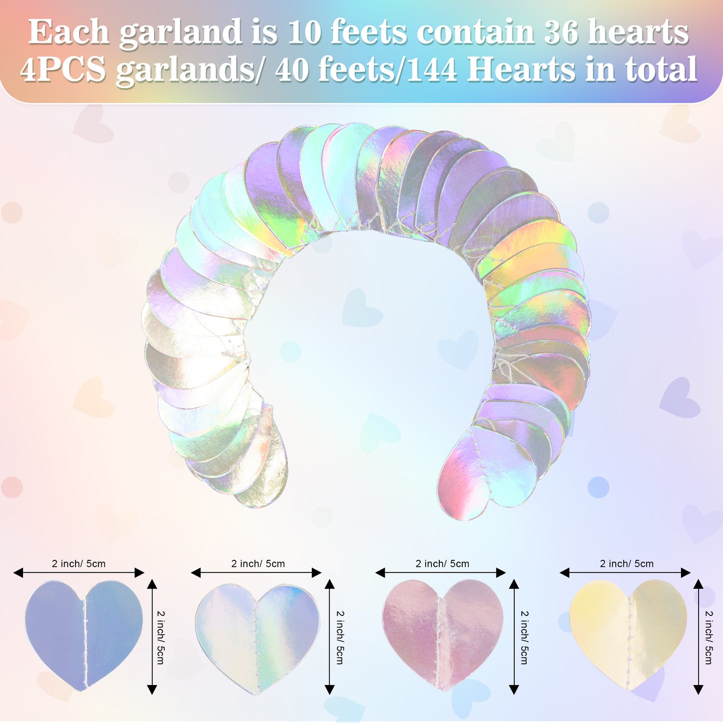 G2PLUS Iridescent Silver Heart Garlands: 12m Holographic Hanging Paper Streamers, Iridescent Party Decorations for Engagement, Wedding, Anniversary, Valentine's Day