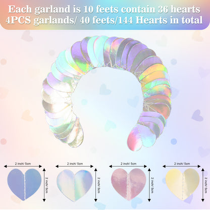 G2PLUS Iridescent Silver Heart Garlands: 12m Holographic Hanging Paper Streamers, Iridescent Party Decorations for Engagement, Wedding, Anniversary, Valentine's Day