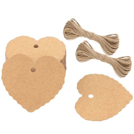 G2PLUS Heart Shaped Paper Gift Tags, 100 PCS Blank Favors Labels, 5.5x6 CM Paper Hang Tags with String for Wedding Party Supplies