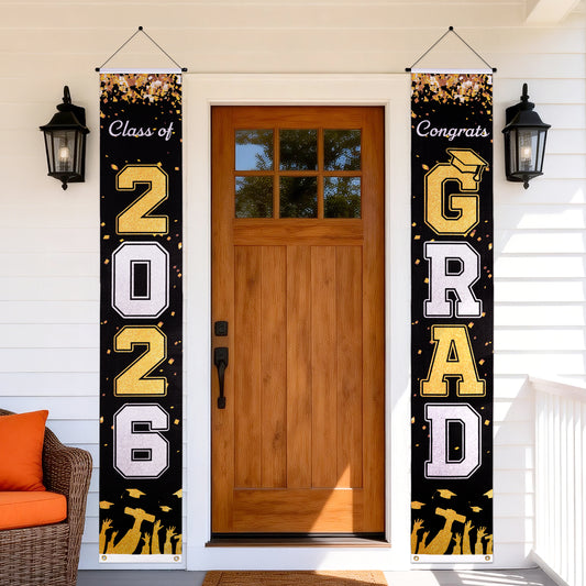 G2PLUS Graduation Door Banner - Class of 2026 Banner Congrats Grad Porch Signs 71x12 inches Black Gold Graduation Decoration 2026 for Indoor Outdoor Wall Decor Party Supplies