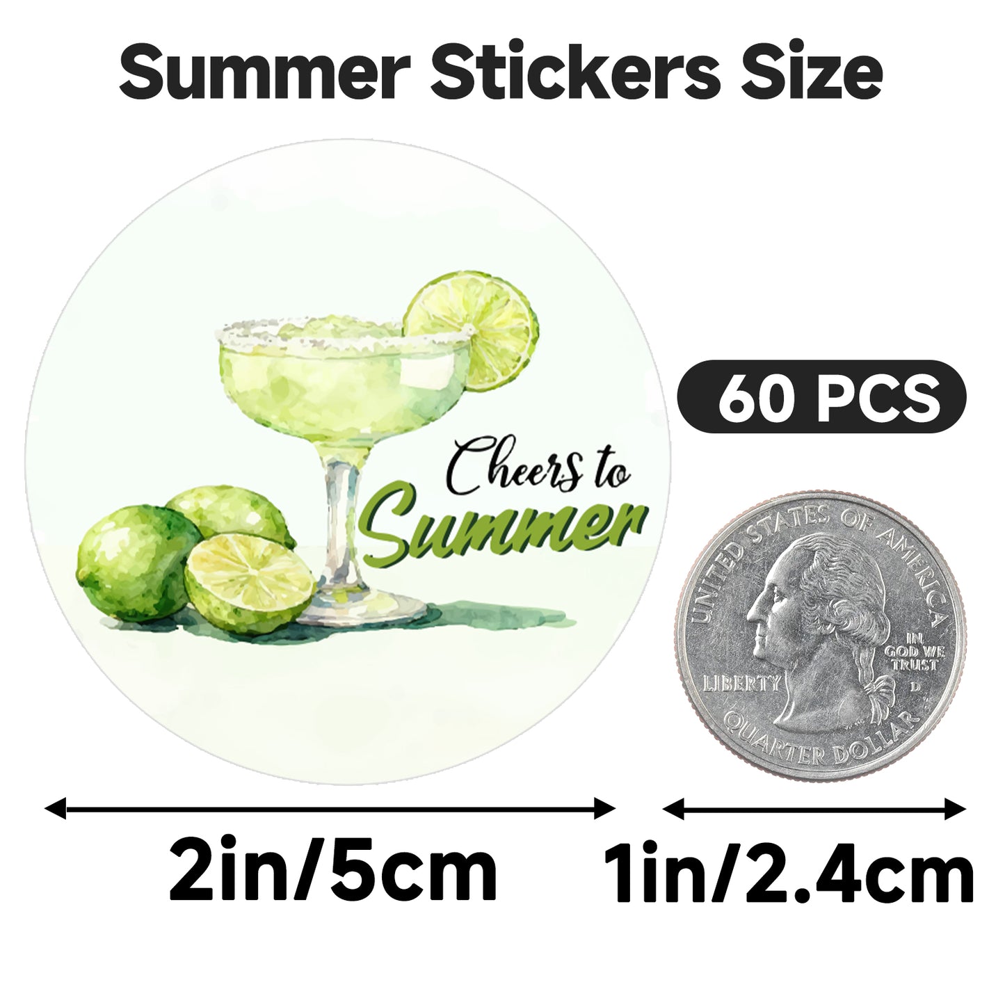 G2PLUS Summer Gift Stickers - 60Pcs Green Cheers to Summer Stikcers 2 Inch Round Margaritas Lemon Label Sticker for Small Business Envelope Seals, Gift Cards, Bags, Hawaii Tropical Luau Party Favors