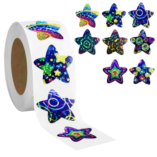 G2PLUS 500Pcs Self Adhesive Shiny Reward Stickers - 2.5CM Waterproof Holographic Star Stickers - Sparkly Universe Space Stickers - Children Reward Stickers for Crafts and Activities