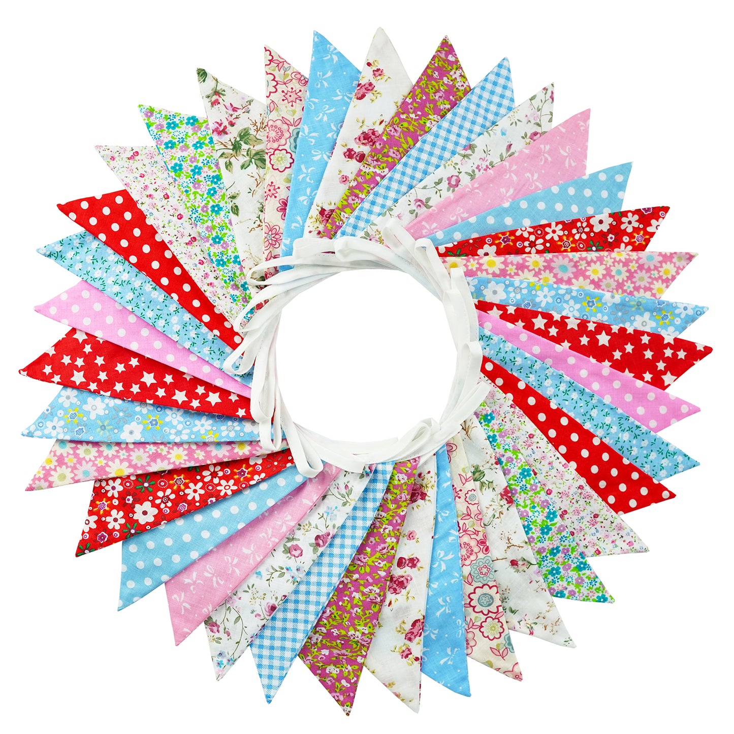 G2PLUS 36PCS Large Fabric Bunting Banner, 10M Double Sided Cotton Triangle Flag Garland-17x19CM Two Layer Blue and Red Floral Pennants for Wedding Birthday Parties