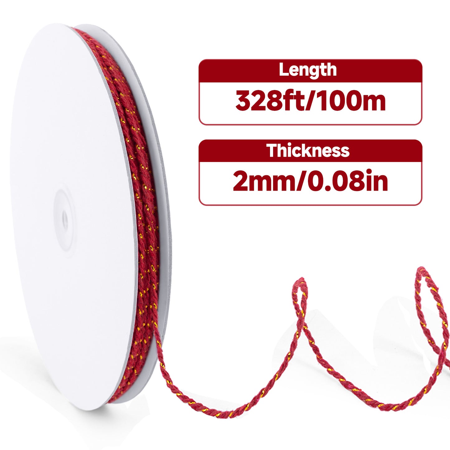 G2PLUS Red and Gold String - 2mm 328ft Cotton Twine String Metallic Bakers Twine for Gift Wrapping, DIY Crafts, Christmas Holiday Party Decorations