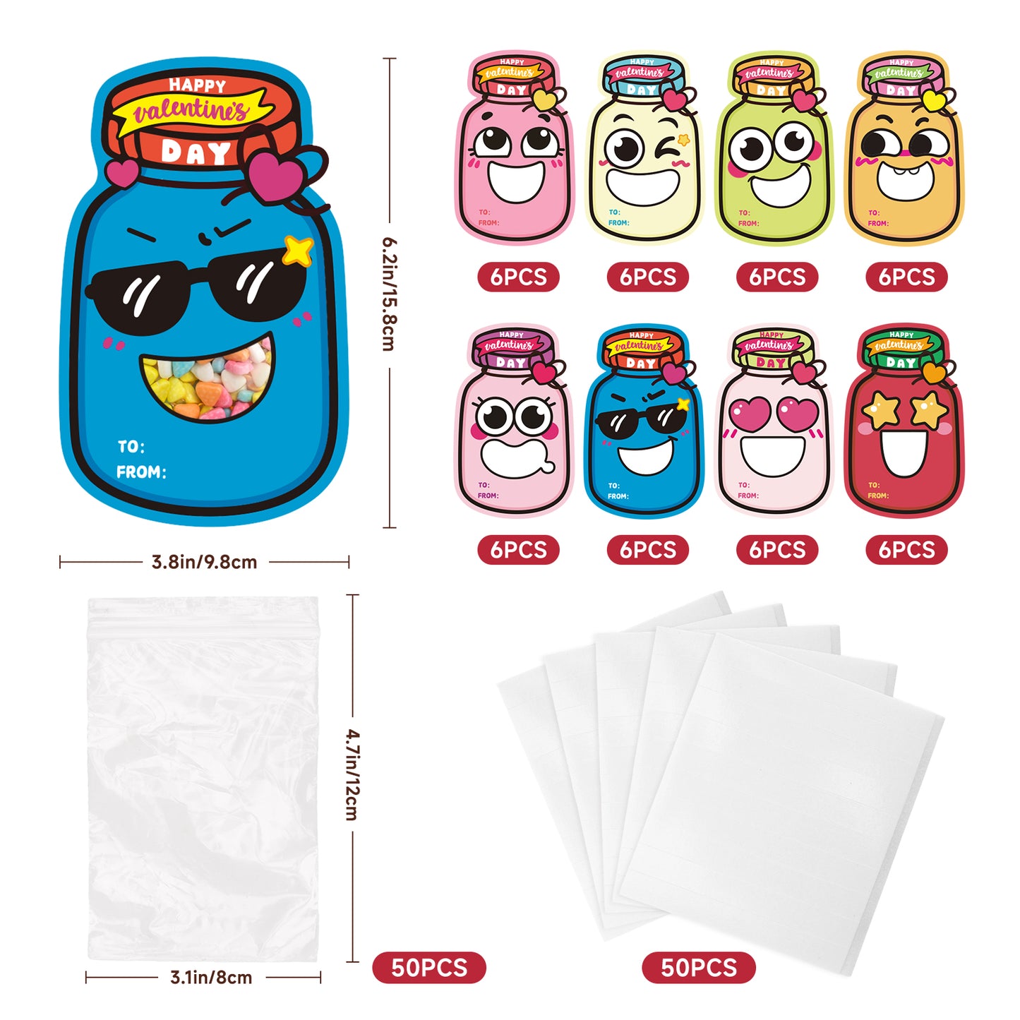 G2PLUS 48 Pack Valentines Day Cards for Kids, 8 Styles Happy Valentine’s Day Mason Jar Cards with Treat Bags for Classroom Valentines Exchange, School Gift Exchange & Party Favors