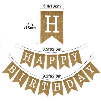G2PLUS Happy Birthday Banners Burlap, Pre-Strung Happy Birthday Banner Sign, Rustic Happy Birthday Garland Bunting for Party Decorations, Reusable Hanging Backdrop for Cake Table