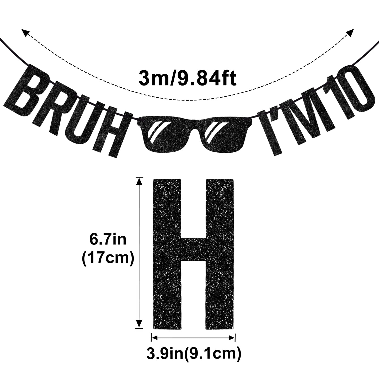G2PLUS Pre-Strung 10th Birthday Banner,Glitter 10th Birthday Decorations Black Happy 10th Birthday Banner, 3m Bruh I'm 10 Banner, Double Digits 10th Birthday Decorations for Boys