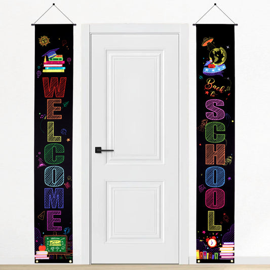 G2PLUS Back to School Door Banner-2Pcs Colorful First Day of School Porch Sign Banner 12x71 in Welcome Back Hanging Flags for Preschool Classroom Office Doorway Wall Bulletin Board Decorations