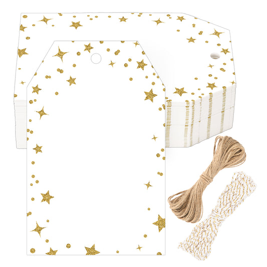 G2PLUS Gold Gift Tags, 100PCS Foil Gold Stars Polka Dots Blank Gift Tags, 3.3x2.1inches White Paper Hanging Labels Stars Dots Name Tag for Present Wrapping, Birthday, Wedding, Christmas Party Favors