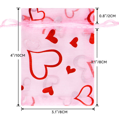 G2PLUS 50PCS Valentines Gift Bags Organza 3x4in, Pink Foil Heart Sheer Mesh Organza Pouches with Drawstring for Valentines Day Party Favors, Candy Gift Bags & Wedding Favors