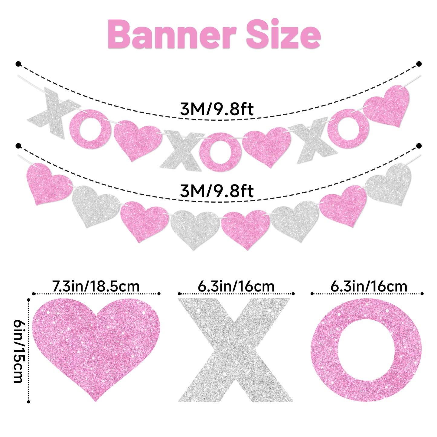 G2PLUS Valentines Day Banner, Glitter Pink Sliver Heart Party Banner, Pre-strung XOXO Paper Bunting Flag Garlands for Valentine’s Day, Anniversary, Birthday, Wedding, Bridal Shower & Photo Backdrop