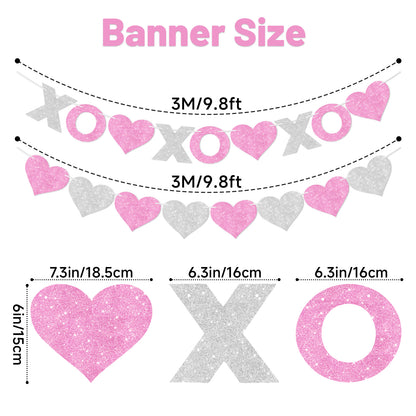 G2PLUS Valentines Day Banner, Glitter Pink Sliver Heart Party Banner, Pre-strung XOXO Paper Bunting Flag Garlands for Valentine’s Day, Anniversary, Birthday, Wedding, Bridal Shower & Photo Backdrop