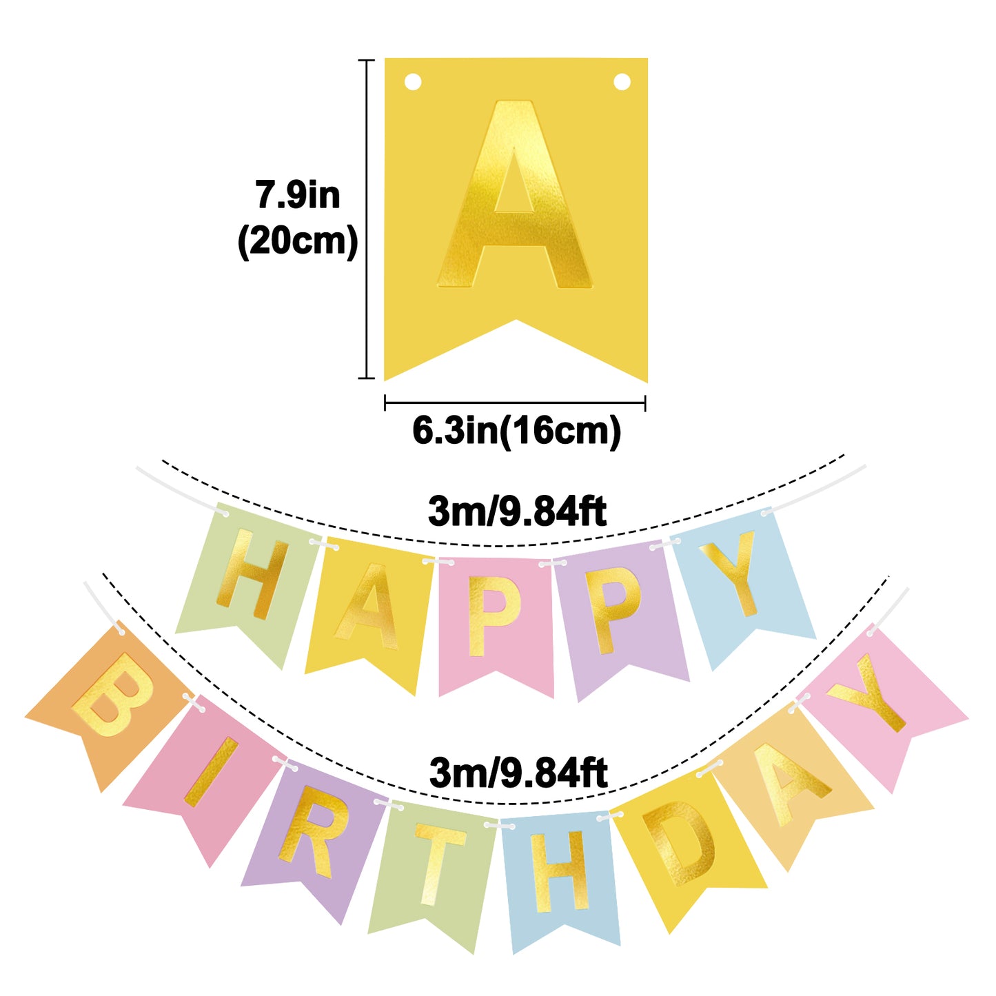 G2PLUS Pre-Strung Happy Birthday Banner Pastel and Gold: 16 x 20 cm Large No-DIY Birthday Banner for Boys Kids Birthday Party Decorations