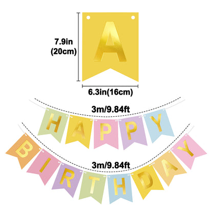 G2PLUS Pre-Strung Happy Birthday Banner Pastel and Gold: 16 x 20 cm Large No-DIY Birthday Banner for Boys Kids Birthday Party Decorations