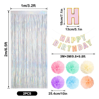 G2PLUS Pastel Birthday Decorations Set, Birthday Party Backdrop Decorations Pastel Happy Birthday Banner with 2PCS Silver Tinsel Curtains and 6PCS Paper Pom Poms for Kids and Family Parties