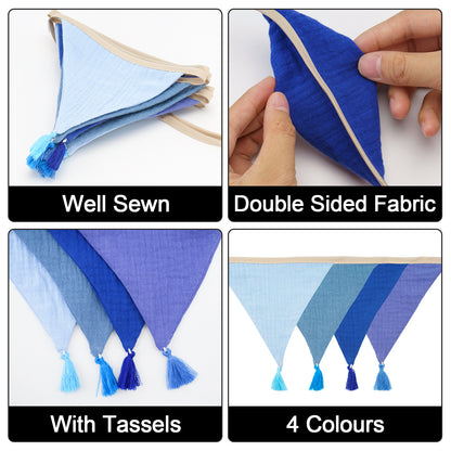 G2PLUS Cotton Fabric Bunting Banner, 9Ft Blue Triangle Pennant Banner Flag, 12pcs Double-Sided Bunting Garland with Tassels for Birthday Party, Wedding, Holiday, Classroom Hanging Decor