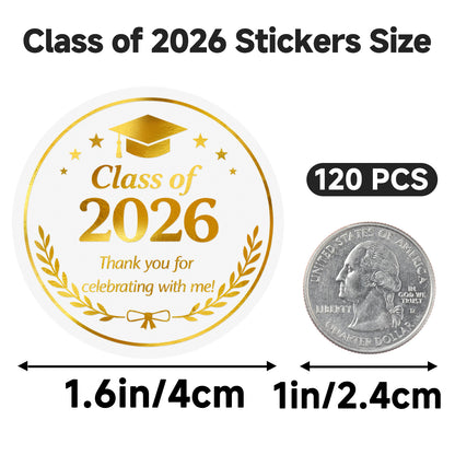 G2PLUS Graduation Thank You Stickers - 120Pcs Class of 2026 Stickers 1.6in Gold Foil Graduation Gift Labels Transparent Envelope Seal Sticker for Congrats Grad Invitation and Grad Party Favors