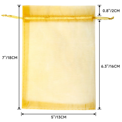 G2PLUS 25PCS Gold Organza Bags 5x7 inches, Sheer Mesh Jewelry Pouches, Organza Gift Bags with Drawstring for Candy, Jewelry, Wedding Party Favors