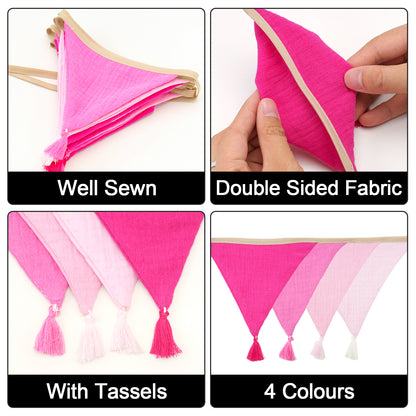 G2PLUS Cotton Fabric Bunting Banner, 9Ft Pink Triangle Pennant Banner Flag, 12pcs Double-Sided Bunting Garland with Tassels for Birthday Party, Wedding, Holiday, Classroom Hanging Decor