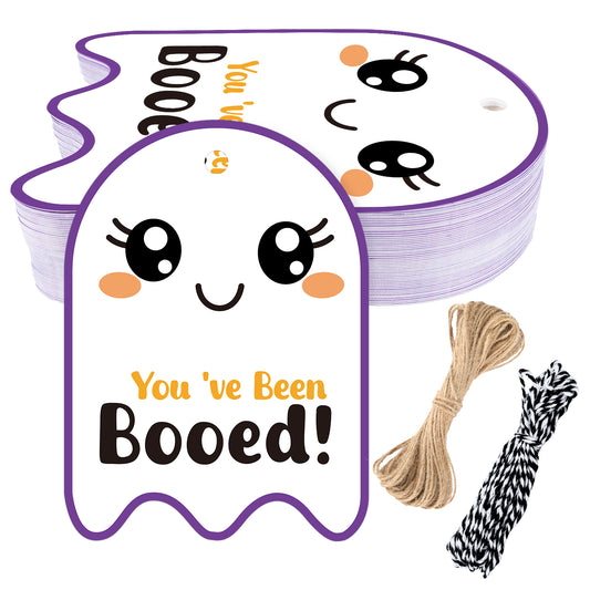 G2PLUS Halloween Tags with String - 50 Pcs Ghost Paper Gift Tags, You've Been Booed Tag for Trick or Treat Bags, Candy Bags, DIY Crafts, Halloween Party Favors（2.5x3.5 in）