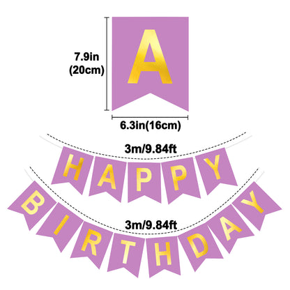 G2PLUS Pre-Strung Happy Birthday Banner Purple and Gold: 16 x 20 cm Large No-DIY Birthday Banner for Women Mom Birthday Party Decorations