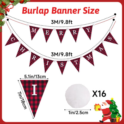 G2PLUS Merry Christmas Burlap Banner, 19.6Ft Red and Black Buffalo Plaid Banner, Pre-strung Triangle Pennant Flag Garland Bunting for Holiday Party, Fireplace Wall, Xmas Home Decorations