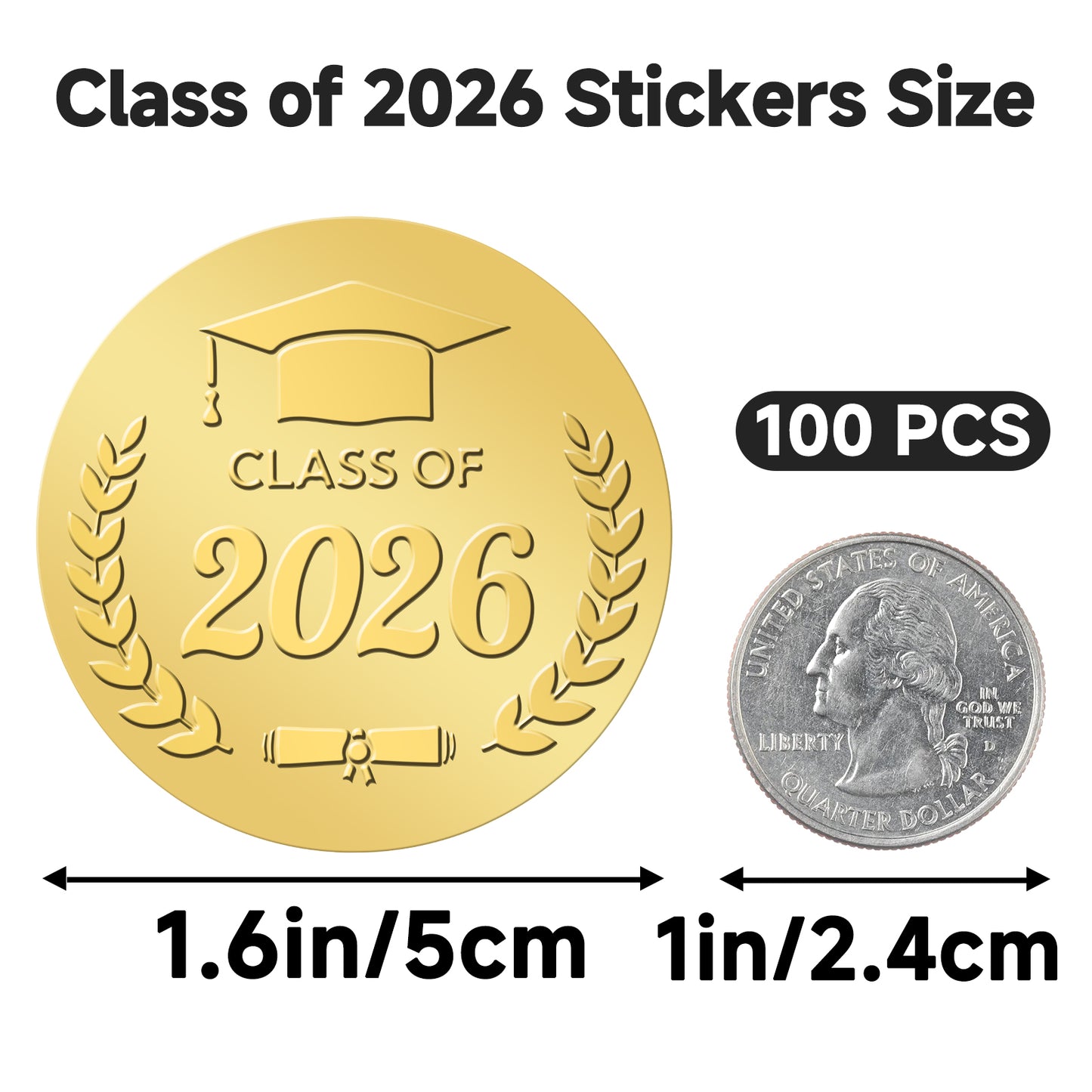 G2PLUS 100Pcs Graduation Stickers - Gold Foil Embossed Class of 2026 Stickers 2 Inch Graduation Cap Envelope Seal Labels for Gradutes Diplomas Awards Invitation Party Favors