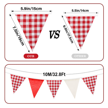 G2PLUS Red and White Checkered Banner, 32Ft Red Pennant Banner Garland, Party Decorations Triangular Bunting Garland for Xmas, Wedding Décor, Birthday, Valentine’s Day, Carnival & Outdoor Celebrations