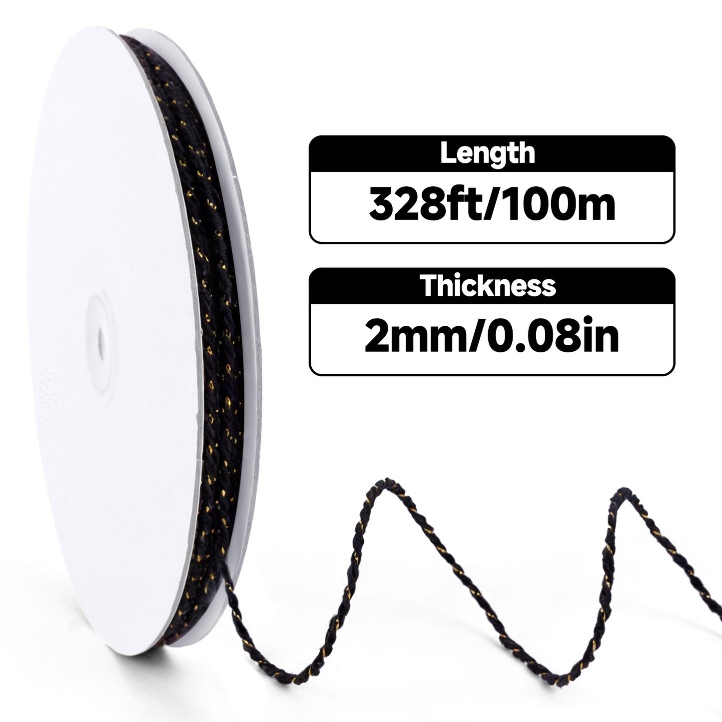 G2PLUS Black and Gold String - 2mm 328ft Cotton Twine String Metallic Bakers Twine for Gift Wrapping, DIY Crafts, Christmas Holiday Party Decorations