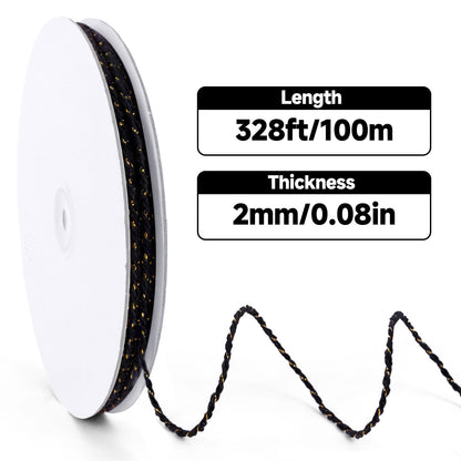 G2PLUS Black and Gold String - 2mm 328ft Cotton Twine String Metallic Bakers Twine for Gift Wrapping, DIY Crafts, Christmas Holiday Party Decorations
