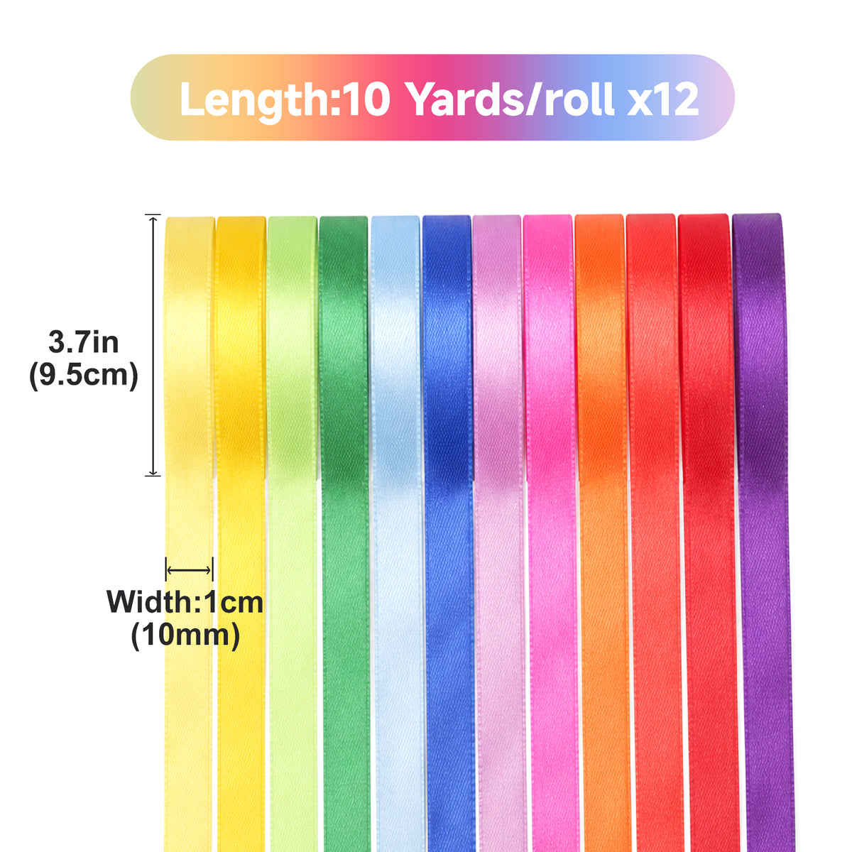 G2PLUS Rainbow Satin Ribbon for Gift Wrapping, 12 Rolls, 10mm x 9m 108m Total Gift Wrapping Ribbon, Ribbon for Birthday Parties, Rainbow-Themed Decor, DIY Crafts