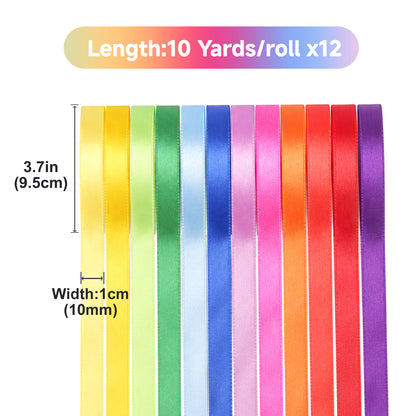 G2PLUS Rainbow Satin Ribbon for Gift Wrapping, 12 Rolls, 10mm x 9m 108m Total Gift Wrapping Ribbon, Ribbon for Birthday Parties, Rainbow-Themed Decor, DIY Crafts
