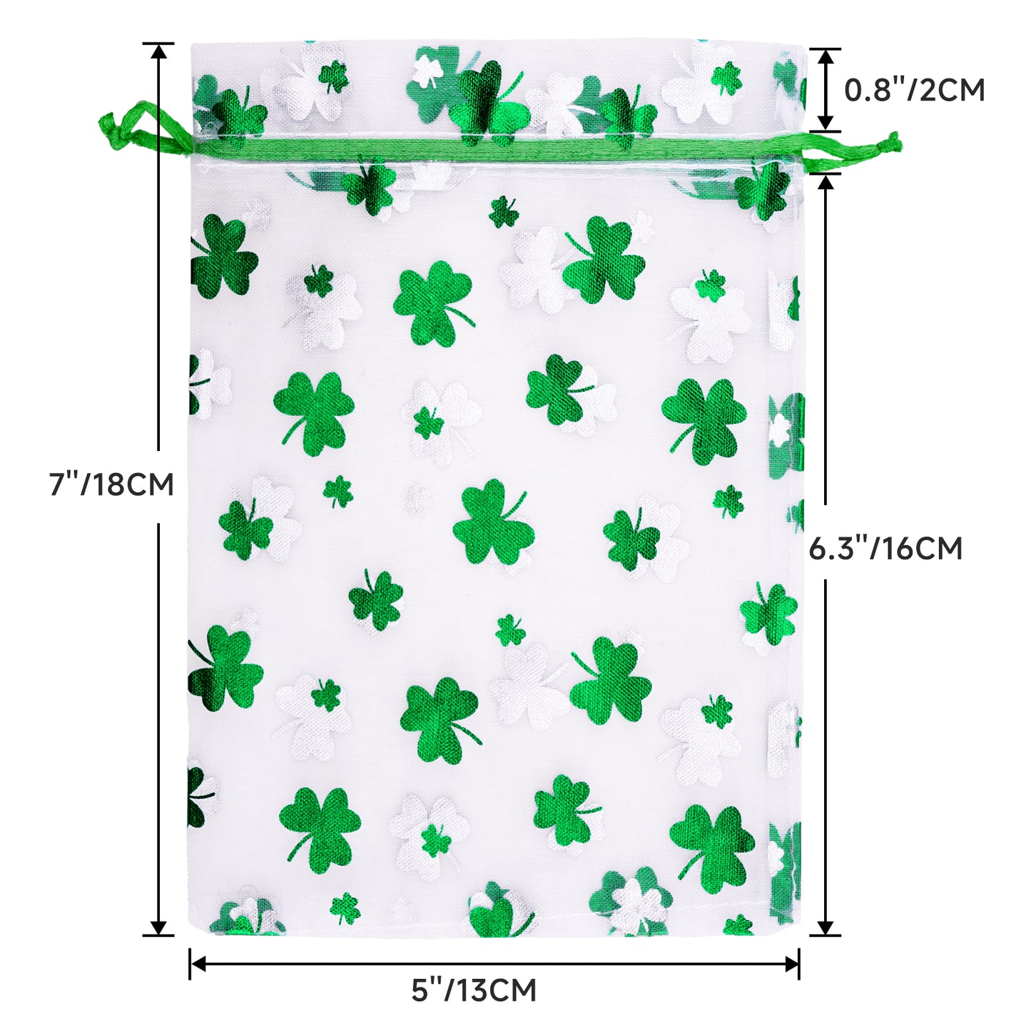 G2PLUS 50PCS St.Patrick's Day Gift Bags Organza 5x7in, Green Foil Shamrock Sheer Mesh Organza Pouches with Drawstring for St.Patrick's Day Party Favors, Candy Gift Bags & Wedding Favors