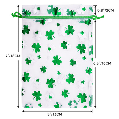 G2PLUS 50PCS St.Patrick's Day Gift Bags Organza 5x7in, Green Foil Shamrock Sheer Mesh Organza Pouches with Drawstring for St.Patrick's Day Party Favors, Candy Gift Bags & Wedding Favors