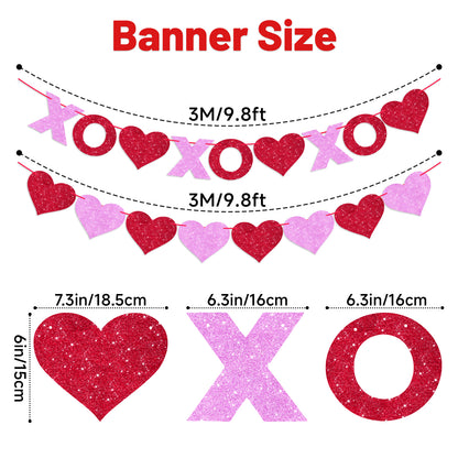 G2PLUS Valentines Day Banner, Glitter Red Pink Heart Party Banner, Pre-strung XOXO Paper Bunting Flag Garlands for Valentine’s Day, Anniversary, Wedding, Home Decoration & Photo Backdrop